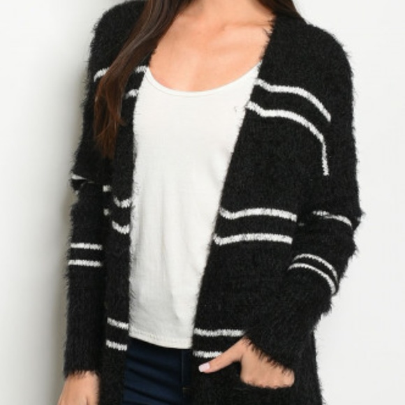FUZZY BLACK & WHITE STRIPED CARDIGAN - Picture 2 of 5